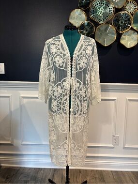 Boho Ivory Embroidered Lace Duster Kimono Floral Open Front Cover Up Medium